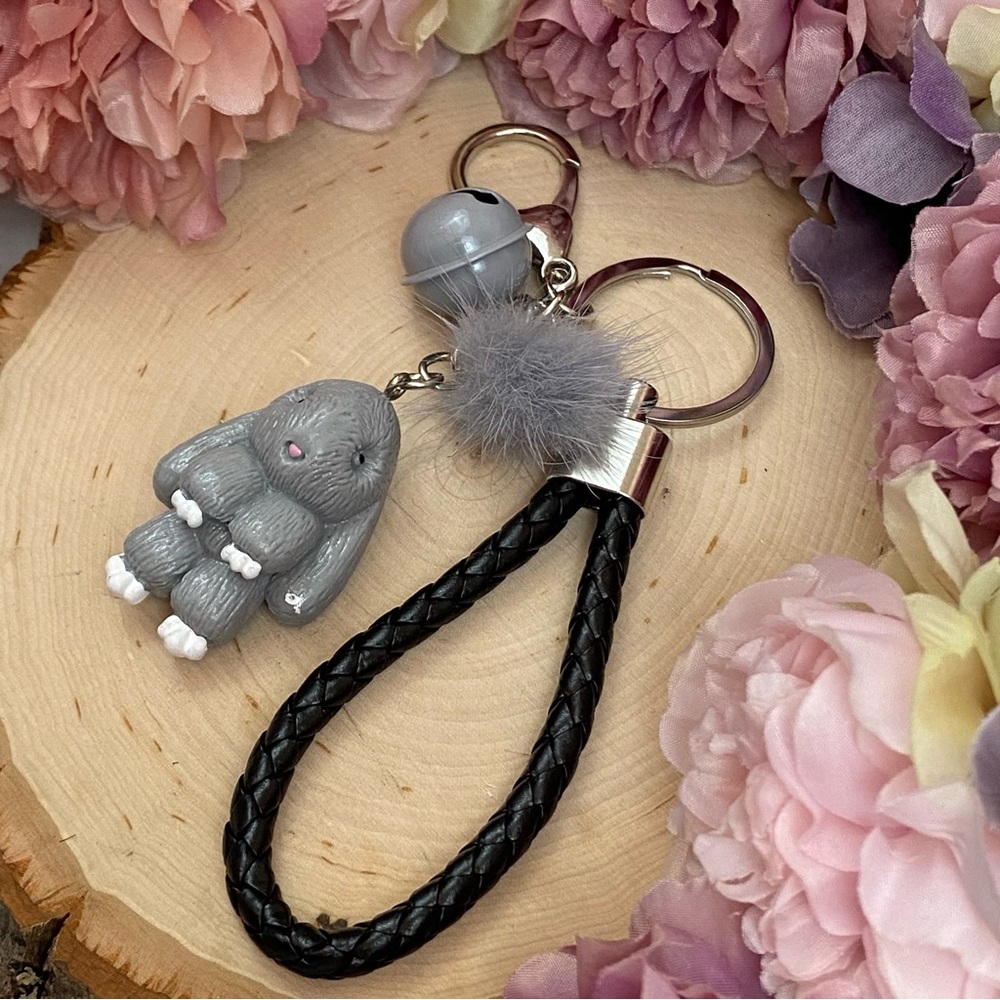 Gray Bunny Charm Keychain with Wristlet Strap - Picture 6 of 13